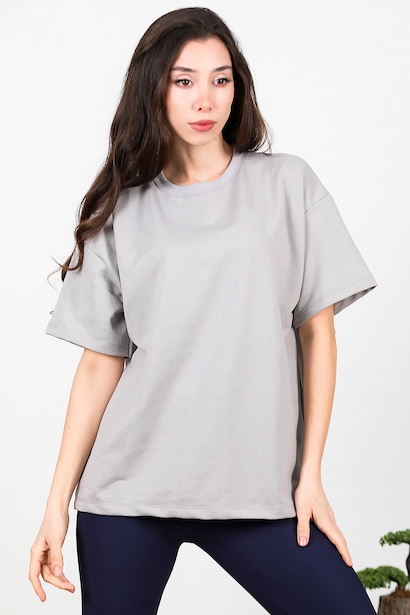 Kadın Bisiklet Yaka Oversize İki İplik Tshirt  Gri