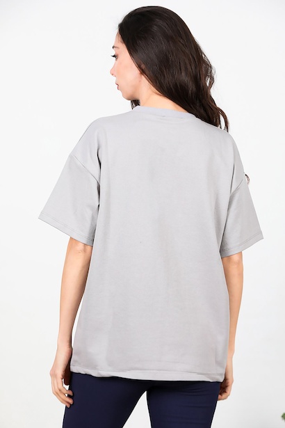 Kadın Bisiklet Yaka Oversize İki İplik Tshirt  Gri 6