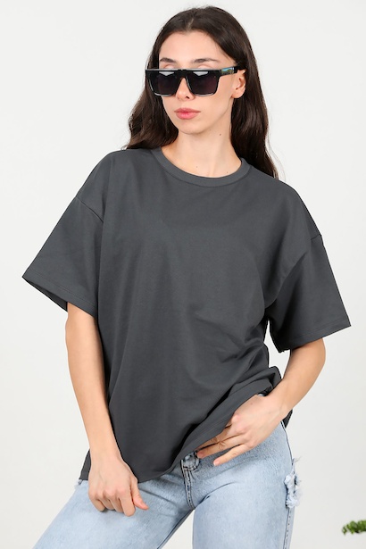 Kadın Bisiklet Yaka Oversize İki İplik Tshirt 