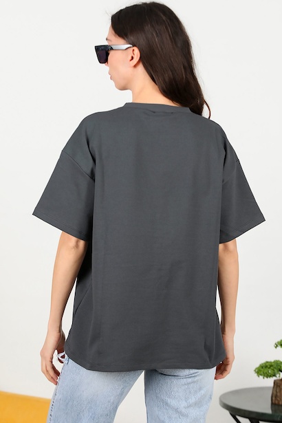 Kadın Bisiklet Yaka Oversize İki İplik Tshirt  Füme 6