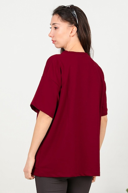 Kadın Bisiklet Yaka Oversize İki İplik Tshirt  Bordo 6