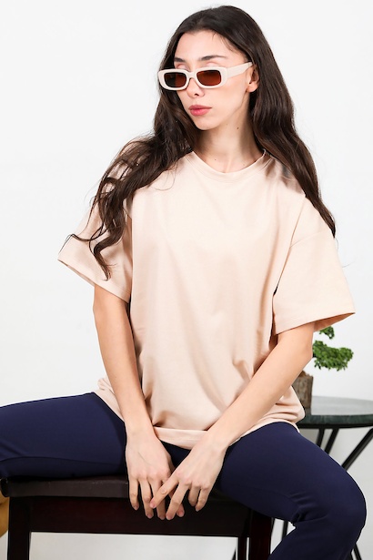 Kadın Bisiklet Yaka Oversize İki İplik Tshirt 