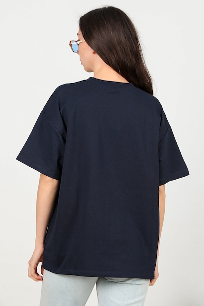 Kadın Bisiklet Yaka Oversize İki İplik Tshirt  Lacivert 6