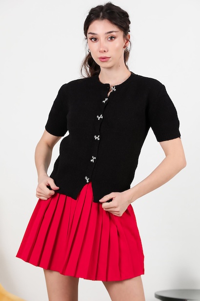 Kadın Fiyonk Düğmeli Kısa Kollu Hırka 