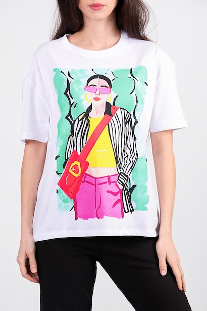 Kadın Baskılı Bisiklet Yaka Tshirt  Ekru 6