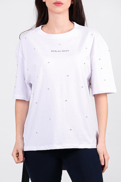 Kadın Taşlı Baskılı Owersize Tshirt  Ekru 6