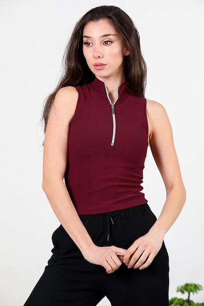 Kadın Yarım Balıkçı Yaka Fermuarlı Bady  Bordo 6