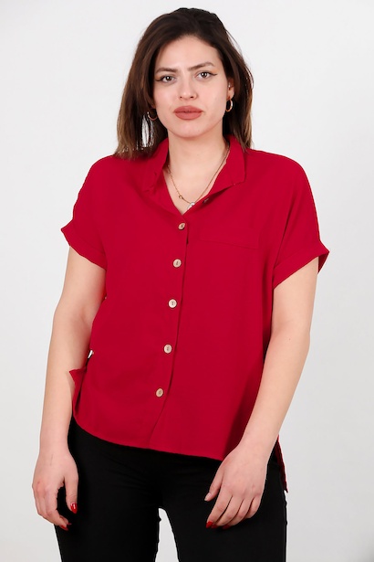 Büyük Beden Gömlek Yaka Tahta Düğmeli Bluz 