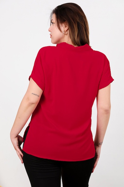 Büyük Beden Gömlek Yaka Tahta Düğmeli Bluz  Kırmızı 6