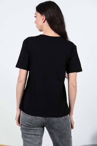 Kadın Ön Nakışlı Penye Tshırt  Siyah 6