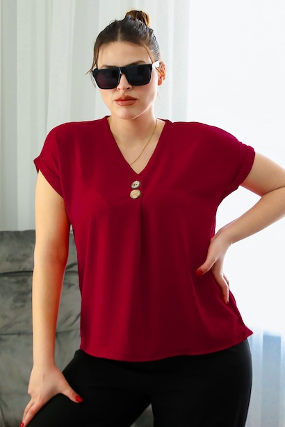 Büyük Beden V Yaka İki Düğmeli Bluz 