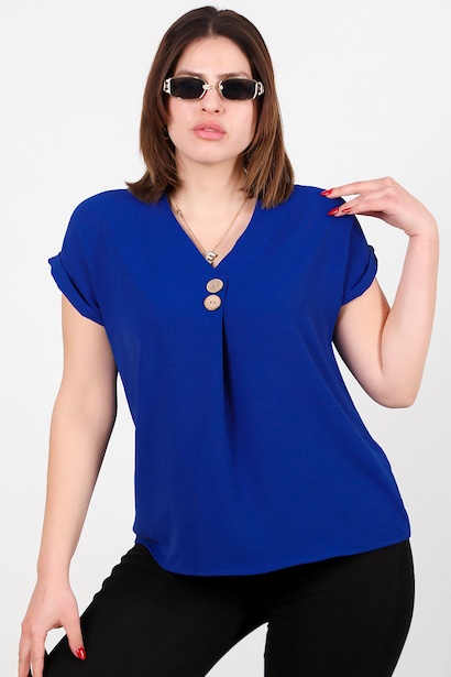 Büyük Beden V Yaka İki Düğmeli Bluz 