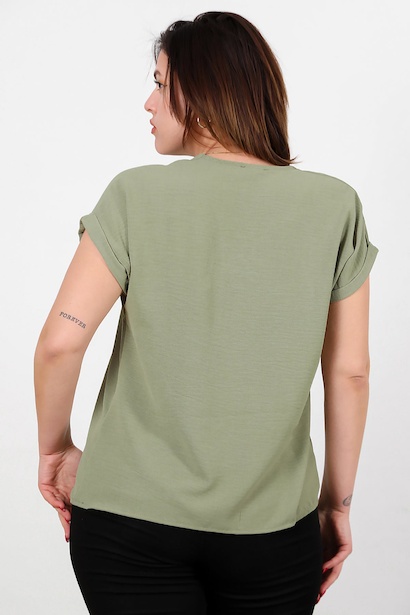 Büyük Beden V Yaka İki Düğmeli Bluz  Haki 6