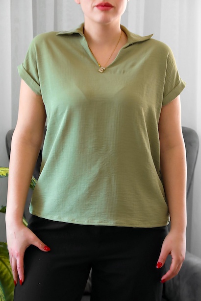Büyük Beden Ayrobin V Yaka Yakalı Bluz  Haki 6