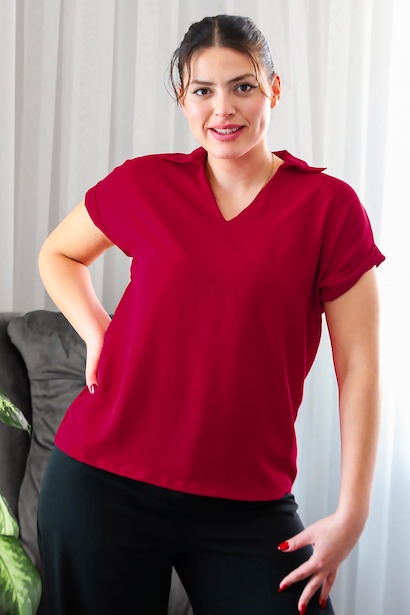 Büyük Beden Ayrobin V Yaka Yakalı Bluz 