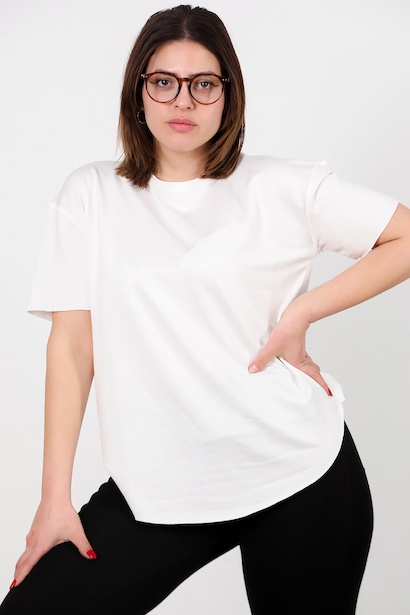 Büyük Beden Eteği Oval Bisiklet Yaka Tshırt 