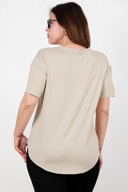 Büyük Beden Eteği Oval Bisiklet Yaka Tshırt  Taş 6