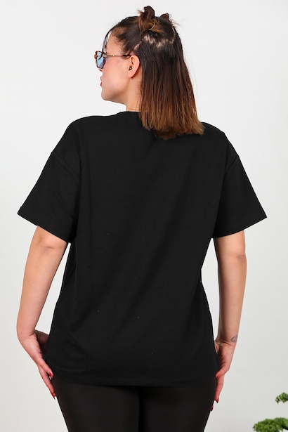 Büyük Beden Bisiklet Yaka Oversize İki İplik Tshirt  Siyah 6