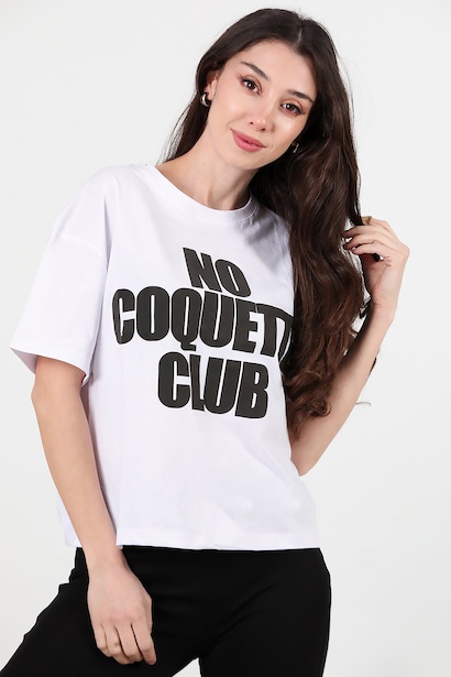 Kadın Önü Baskılı Oversize T-shirt  Beyaz 6