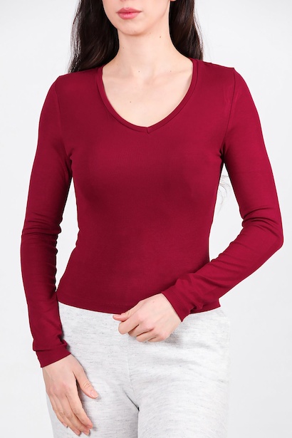 Kadın V Yaka Bluz  Bordo 6