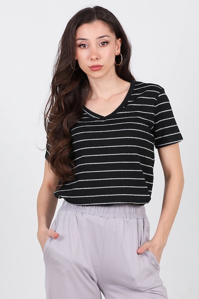 Kadın Çizgili V Yaka T-shirt  Siyah