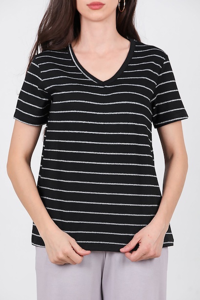 Kadın Çizgili V Yaka T-shirt  Siyah 6