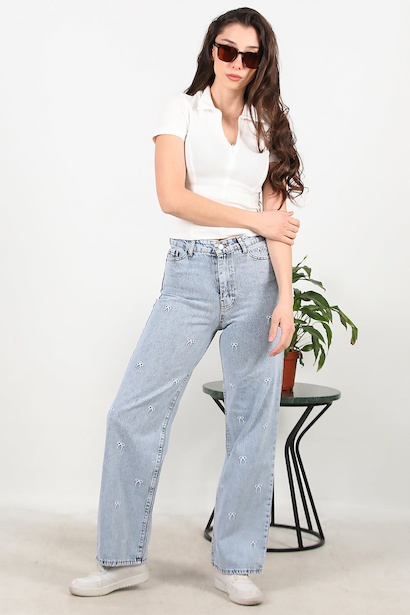 Kadın Fiyonk İşlemeli Bol Paça Kot Pantolon 