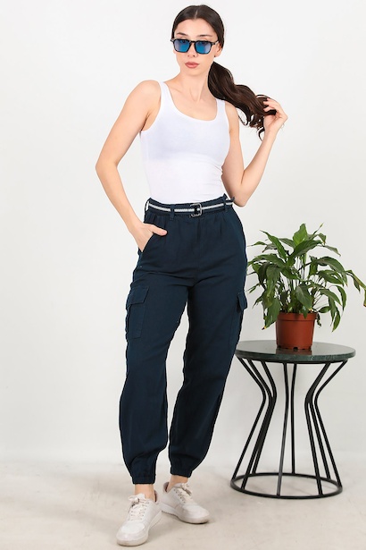 Kadın Kemerli Gabardin Kargo Cep Pantolon 