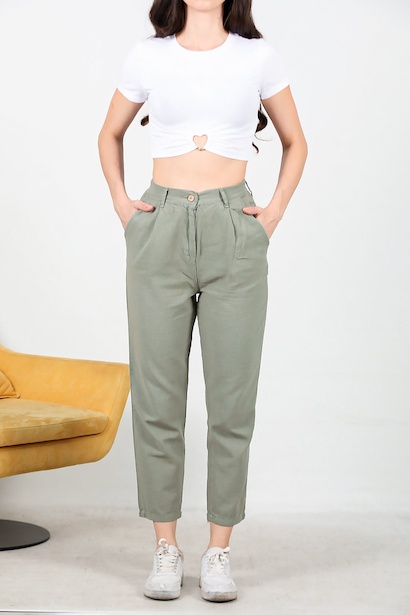 Kadın Pileli Dar Paça Keten Pantolon  Haki 6