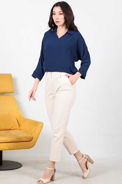 Kadın Pileli Dar Paça Keten Pantolon  Taş 6