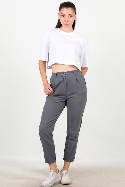 Kadın Pileli Dar Paça Keten Pantolon 