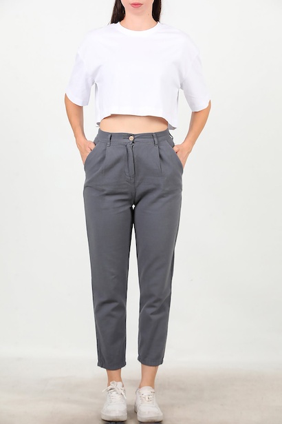 Kadın Pileli Dar Paça Keten Pantolon  Füme 6