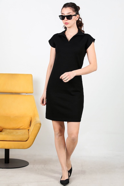 Kadın Gömlek Yaka Kısa Kollu Kısa Elbise 