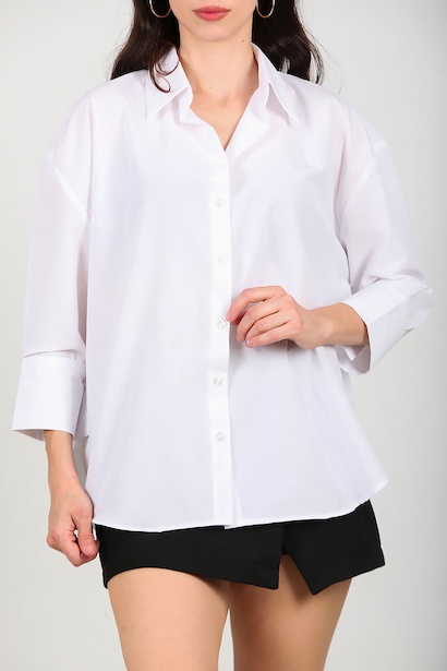 Kadın Yarım Manset Kol Oversize Gömlek  Beyaz 6