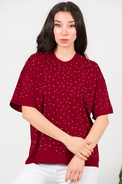 Kadın Taşlı Bisiklet Yaka T-shırt 