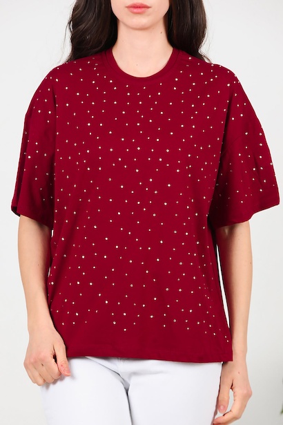Kadın Taşlı Bisiklet Yaka T-shırt  Bordo 6