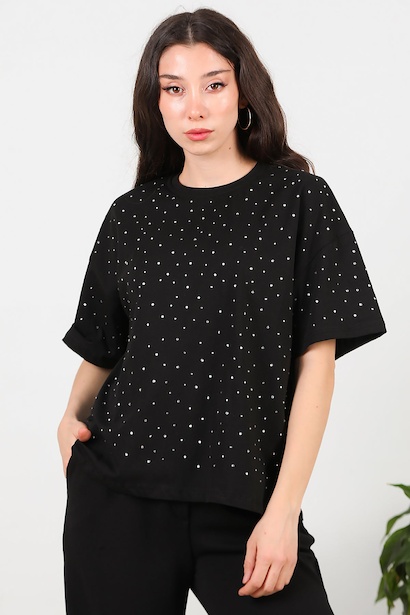 Kadın Taşlı Bisiklet Yaka T-shırt 