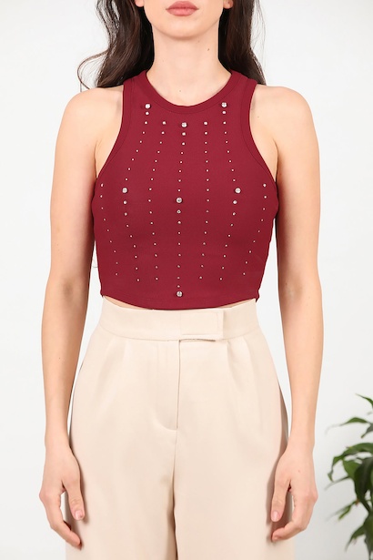 Kadın Kalın Askılı Taşlı Bady  Bordo 6