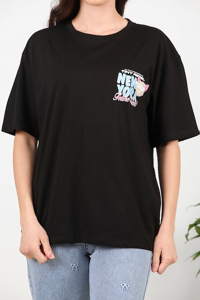 Kadın Ön-arka Baskılı Owersize T-shırt  Siyah 6