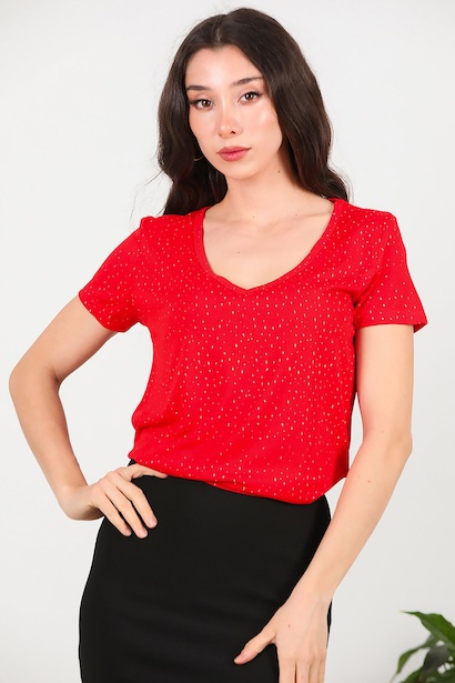 Kadın Simli V Yaka T-shirt 