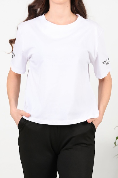 Kadın Kolları Yazı Nakışlı T-shirt  Beyaz 6