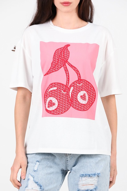 Kadın Baskılı Bisiklet Yaka T-shirt  Ekru 6