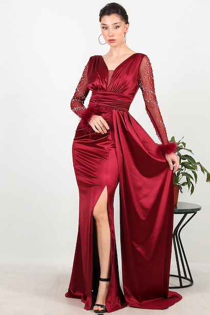 Kadın Kolları Taşlı Kol Tüy Detay Uzun Saten Abiye 