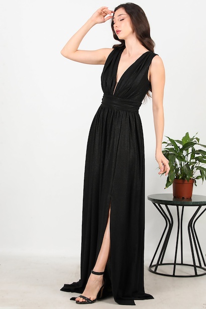 Kadın Yırtmaçlı Simli Uzun Abiye 