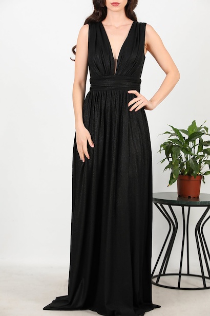 Kadın Yırtmaçlı Simli Uzun Abiye  Siyah 6