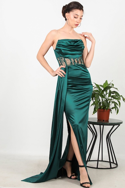 Kadın Bel Dantel Detay Uzun Saten Abiye 