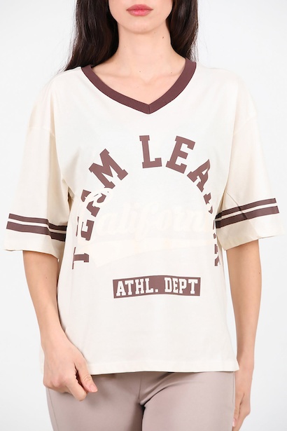 Kadın V Yaka Baskılı Tshırt  Krem 6