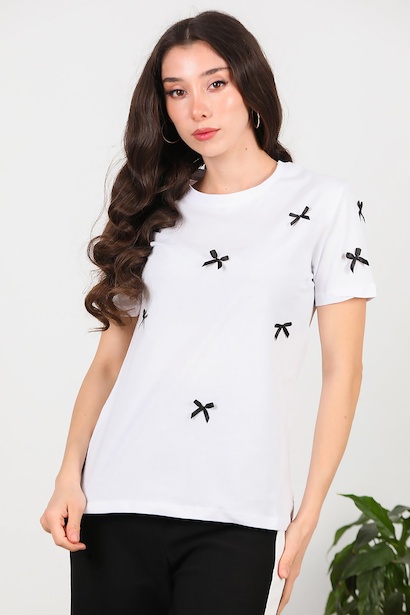 Kadın Bisiklet Yaka Fiyonklu Tshırt 