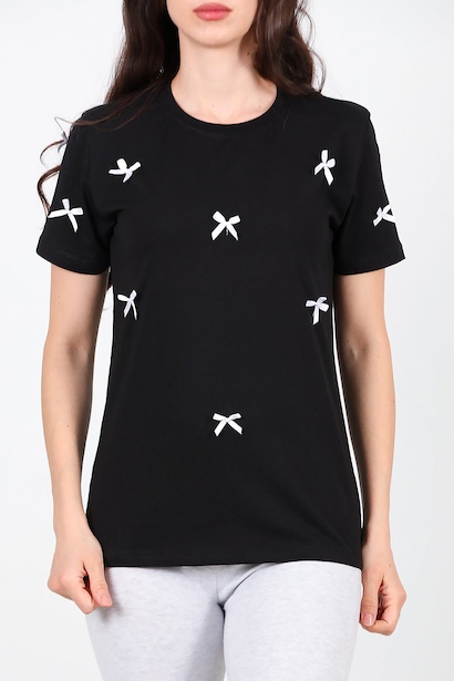 Kadın Bisiklet Yaka Fiyonklu Tshırt  Siyah 6