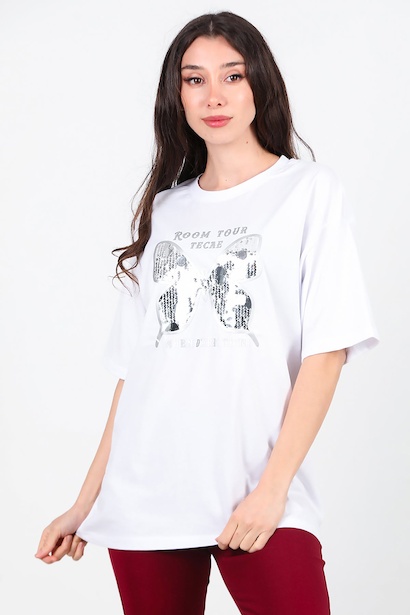 Kadın Bisiklet Yaka Kelebek Pullu Tshırt 